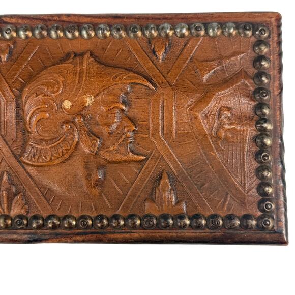 Vintage Wood Jewelry Box Carved Leather Top Roman Guards & Shields Design - Picture 3 of 11
